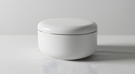 A simple white ceramic container with a lid on a white surface in a studio setting light and airy