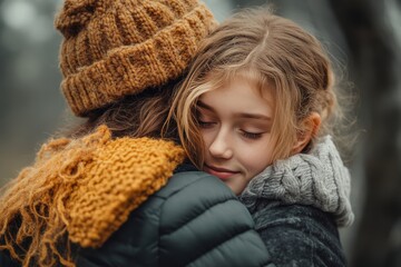 Two young women embrace warmly, their faces close, conveying feelings of love, support, and togetherness in an autumnal setting.