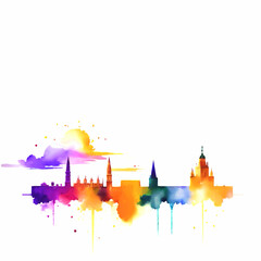 abstract watercolor cityscape with moon and clouds decorative element with white area for insertion