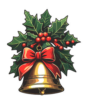 christmas bell with leaves, berries and bow isolated vector illustration