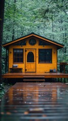 Obraz premium Cozy yellow cabin nestled in a vibrant, green forest with a wooden path leading to the entrance