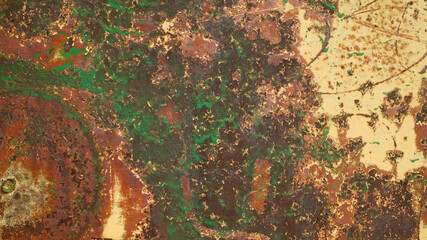 Weathered Metal Surface Displaying Rich Textures of Rust, Corrosion and Green Patina on Abandoned Industrial Material Creating Abstract Natural Patterns