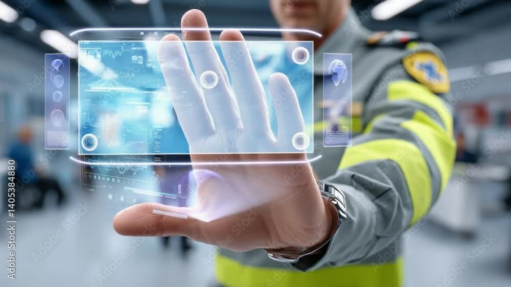 Poster interactive technology: a professional, in a state-of-the-art work environment, interacts with an au