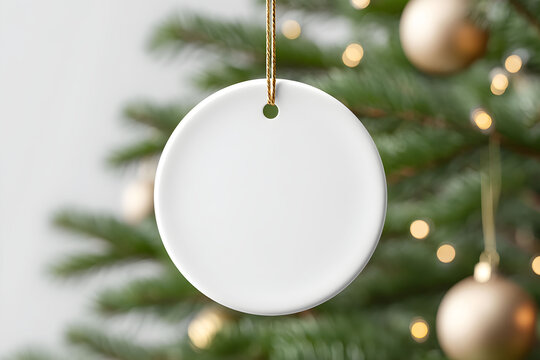 Blank round ornament for mockup hanging on a Christmas tree with golden decorations glowing softly