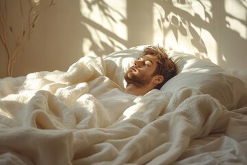 A man sleeps soundly in a sunlit bedroom. The peaceful scene features a person in deep rest amidst soft bedding, gentle shadows, and the tranquility of a quiet morning.