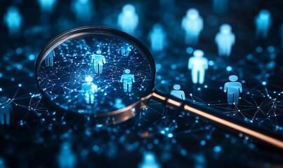 An abstract representation of network with human icons. The digital network and people is under the magnifier glass. The scene highlights the concept of network, technology and big data