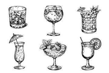 A set of six different types of drinks in glasses