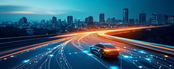 A sleek, autonomous vehicle gracefully navigates a futuristic cityscape along a highway, highlighted by streaks of digital light, illustrating the evolution of smart transportation.
