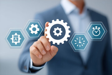 Person interacting with gears and icons representing technology and efficiency in a business setting during a corporate meeting
