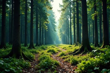 Fototapeta premium Empty forest with fallen trees and underbrush, forest, landscape