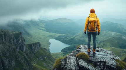 Woman on peak, gazing at the mountain landscape with a lake under a cloudy sky, wearing a yellow jacket