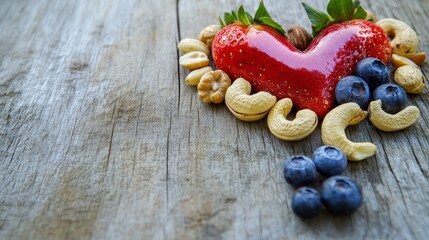 Healthy nuts and fruits arranged in heart shape on wooden table, soft focus medical chart with 