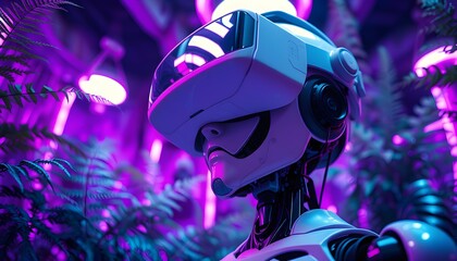 Cyberpunk robot head, neon purple lighting, vibrant jungle foliage, futuristic VR headset, reflective metallic surface, glowing pink highlights, intricate mechanical details, sci-fi atmosphere