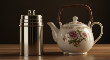 Elegant Teapot and Silver Tea Container on Wooden Tabletop Still Life Photography