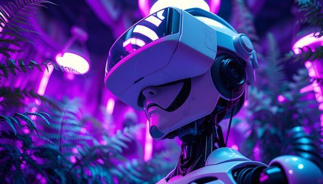 Cyberpunk robot head, neon purple lighting, vibrant jungle foliage, futuristic VR headset, reflective metallic surface, glowing pink highlights, intricate mechanical details, sci-fi atmosphere