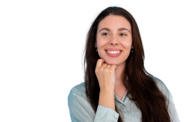 Professional businesswoman resting hand on chin, gazing sideways with warm smile against transparent backdrop