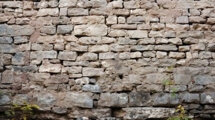 Obraz premium A weathered stone wall with various sizes of rocks, showcasing a natural and rustic texture, complemented by some greenery at the base.