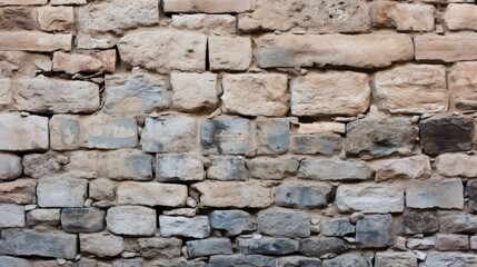 Fototapeta premium A textured stone wall featuring a mix of light and dark stones in various sizes and shapes, showcasing natural imperfections and earthy tones.