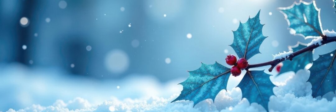 Icy blue and white holly leaves against a snowy backdrop, wintery, snow