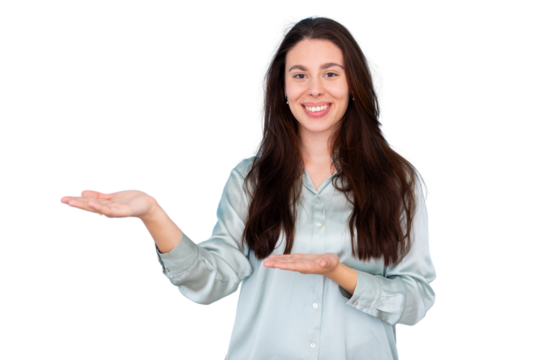 Young businesswoman smiling and presenting with open hands, on transparent background, ready for your product or text - Powered by Adobe