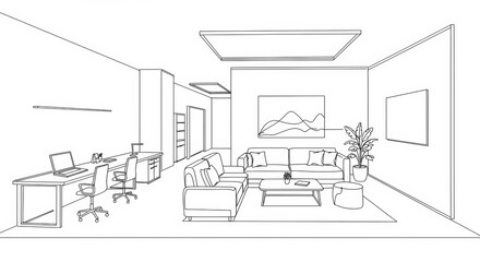Obraz premium Line art of a modern coworking space interior design with minimalist aesthetics