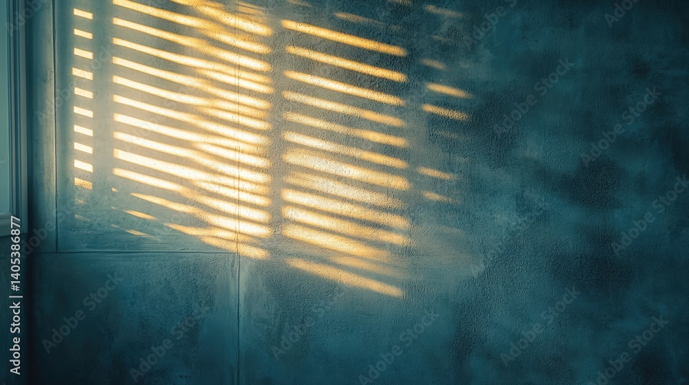 Poster soft sunlight filters through window slats, casting warm stripes on a textured wall, creating a tran