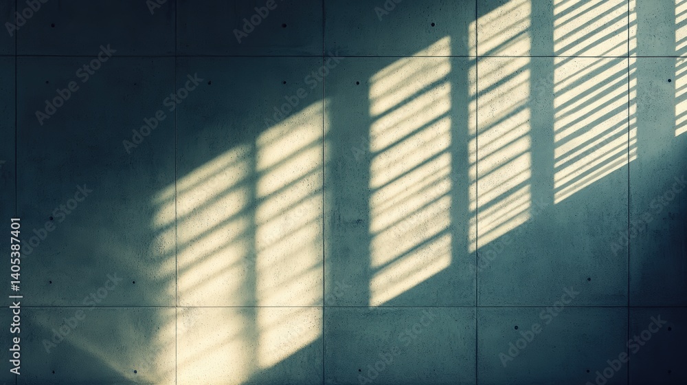 Poster a minimalistic image showcasing shadows cast by window blinds on a concrete wall, creating an interp