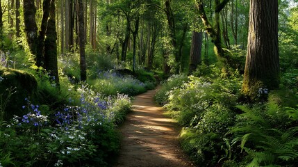 Obraz premium A peaceful woodland trail bordered by wildflowers and ferns, with morning light casting long shadows