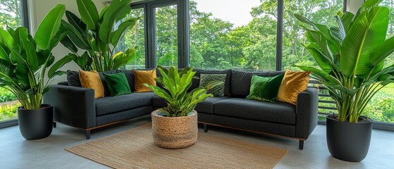 Modern family living room design with indoor plants cozy atmosphere natural light contemporary decor