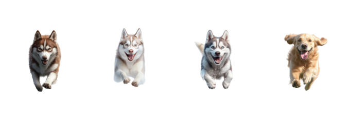 Four energetic dogs running happily featuring husky and golden retriever breeds