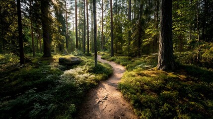 Fototapeta premium A winding dirt path surrounded by dense green foliage with tall pine trees and soft sunlight filtering through the canopy