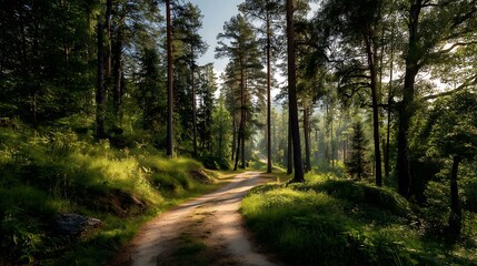 A winding dirt path surrounded by dense green foliage with tall pine trees and soft sunlight filtering through the canopy
