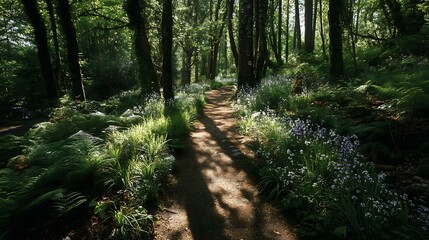 Fototapeta premium A peaceful woodland trail bordered by wildflowers and ferns, with morning light casting long shadows