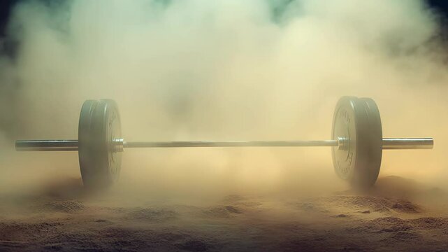 A heavy barbell rests on a gym floor, surrounded by a cloud of chalk dust, capturing the intensity of strength training and the atmosphere of a fitness environment
