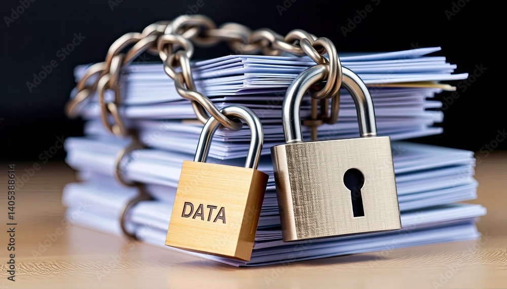 Poster data security concept featuring stack of paper secured with chain and padlocks on wooden surface in 