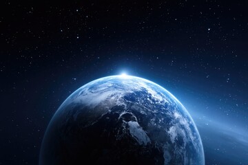 Fototapeta premium In the vastness of space, our stunning blue planet Earth shines, showcasing its oceans, clouds, and continents against a backdrop of twinkling stars.