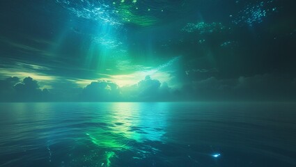 Mystical Ocean Horizon with Glowing Green and Blue Light Rays