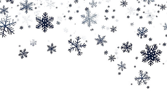 Snowflakes are falling, a beautiful and intricate pattern against a transparent background. Blue and white shades create a winter atmosphere