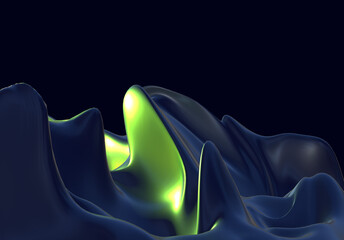 Green abstract 3D silk liquid chrome metalic blue color wave oil shiny flowing design render wallpaper silver background	
