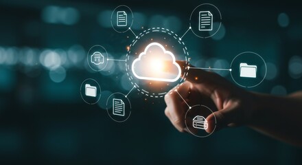 Hand Touching a Holographic Cloud Computing Icon with Connected Document and Folder Symbols, Representing Data Storage and Network Connectivity.