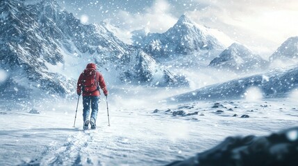 A lone hiker braves a blizzard in the majestic snowy mountains, showcasing the raw power of nature and the human spirit's resilience.