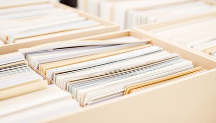 Neutral Toned Stacks of Files in Open Wooden Trays for Office Document Organization and Storage