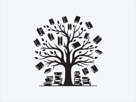 Tree with Books on Branches Silhouette Representing Knowledge, Learning, and Education in Nature-Inspired Design Themes