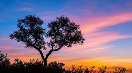 Obraz premium Heart-shaped tree silhouette under a romantic sunset, symbolizing love and warmth in nature's embrace. 