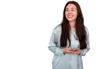 Professional woman texting on smartphone, glancing sideways against transparent backdrop