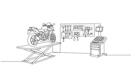Obraz premium Minimalist line drawing showcasing a motorcycle workshop with clean and elegant simplicity