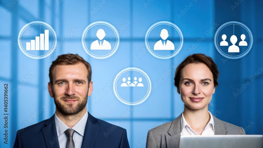 Poster a business-themed image featuring two professionals with a background of data analytics and people i