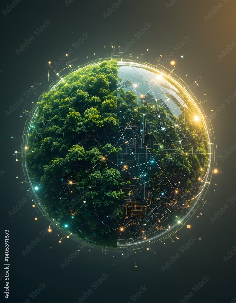 Poster A glowing spherical representation of Earth blends lush greenery on one hemisphere with a network of interconnected lights and lines on the other