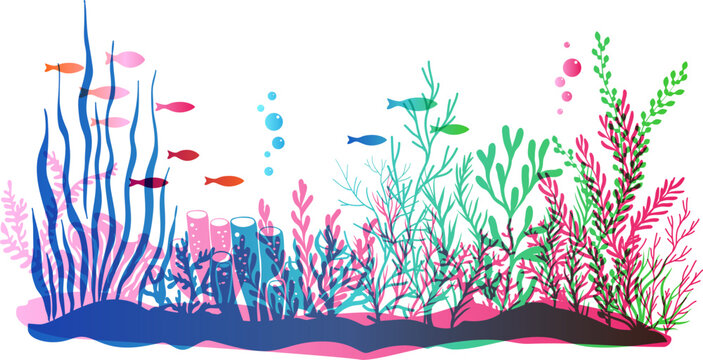 Undersea or aquarium colorful landscape scene.  Underwater plants, corals and reef wildlife. Vector illustration with deep marine inhabitants in overlay style.