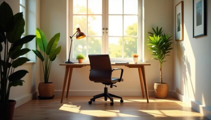 Empty chair at desk facing window, sunlit room, digital, workspace, minimal